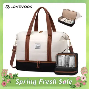 LOVEVOOK Travel Duffle Bag for Women, 3Pcs Puffer Large Weekender Overnight Bag with Shoe Compartment, Water Resistant Gym Duffel Bag, Carry on Bag for Hospital Delivery with Toiletry Organizer SpringStatements