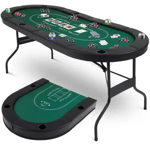 Poker Table Foldable, 8 Player Folding Poker Table, 72 Inch Texas Holdem Poker Tables, Portable Game Table with Cup Holders, Green Playing Cards
