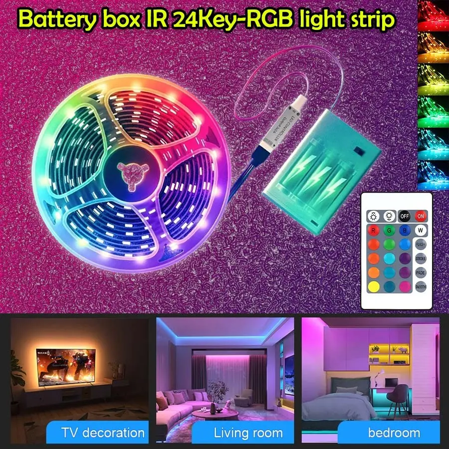 1PC LED strip light, 3535 RGB color-changing strip, Dimmable RGB, Ambient Lighting Strip, Dynamic Illuminations, powered by a battery box (batteries not included), with a 24-key controller, suitable for home, parties, and camping