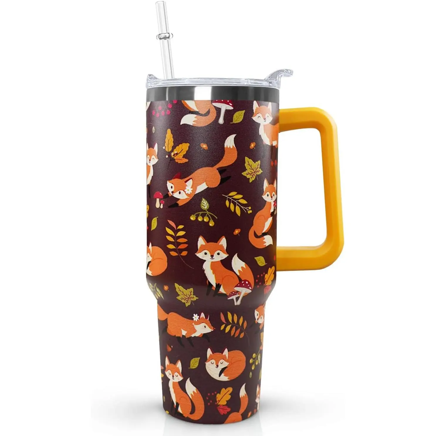 Ceovfoi 40 oz Insulated Vacuum Flask - 1000-2000 ml Novelty Casual Coffee Tumbler, Classic Stylish Fall Fox & Leaf Print, Portable Transparent Mug with Lid & Straw, Best Gift for Fox Lovers, Kitchenware Decor, Flasks