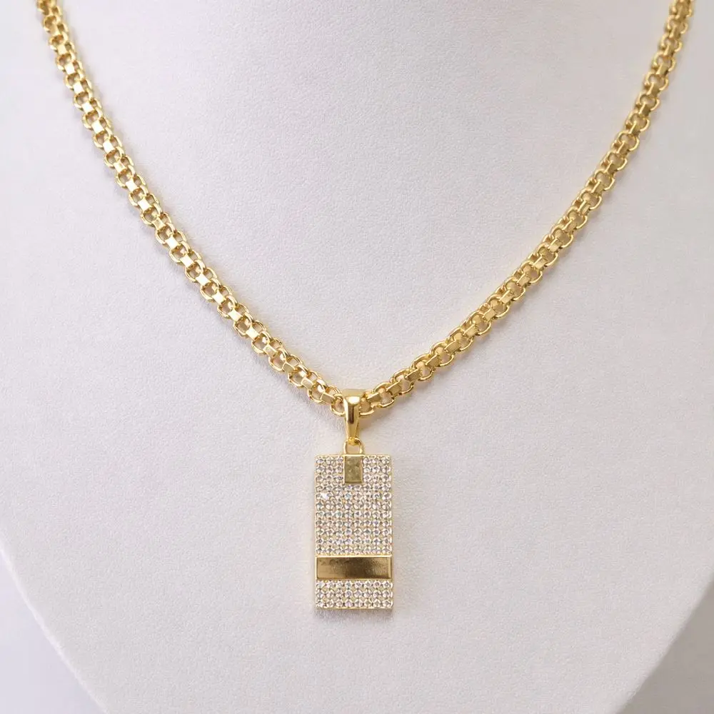 22” 14K Gold Laminated Chain with Iced Bar Pendant – 4mm Width