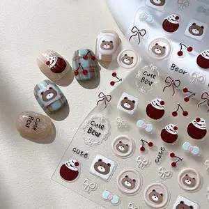 New Cherry Bear Nail Art Stickers, 3D Embossed Cute Cartoon Bow DIY Nail Decals, Adorable Style Manicure Accessories