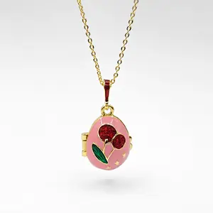 Surprise Butterfly Locket Necklace, Pink Enamel Cherry Egg Pendant, Openable Jewelry with Secret Charm Inside, Gold Tone Boho Aesthetic Accessory, Unique Gift
