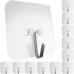 Adhesive Wall Hooks for Hanging Heavy Duty 22 lbs, Hooks For Walls No Damage, Towel Sticky Clear Hook, Waterproof, For Home,Bathroom,Kitchen,Office,and Outdoor 12 Pack