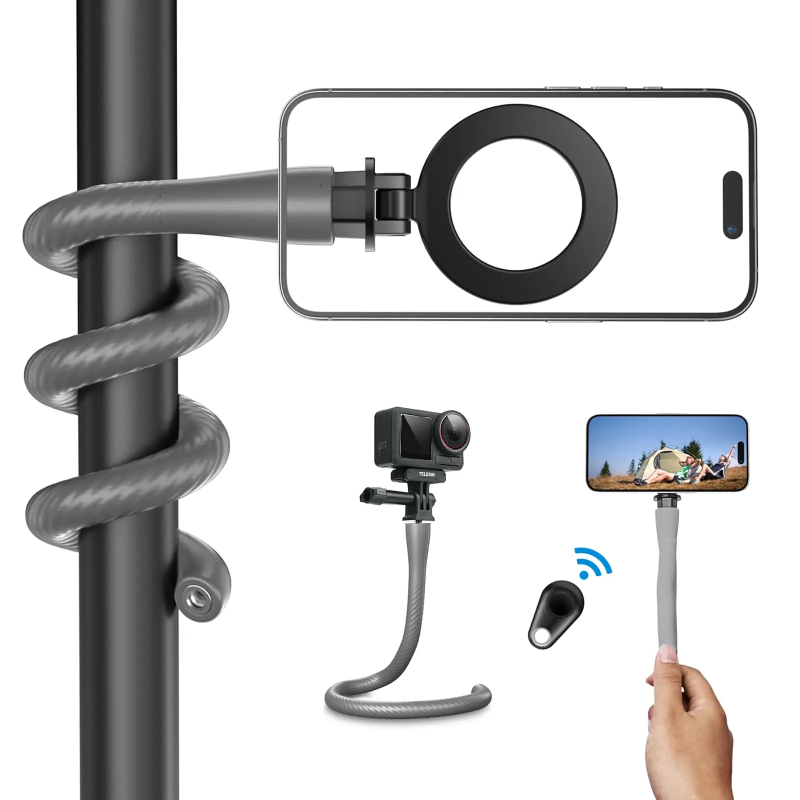 TELESIN Magnetic Flexible Phone Mount Clamp Tripod Stand Stick Pole for Phones, Stroller Treadmill Tube Bike Motorcycle Phone Holder Attach Stand Accessories Arm Mount for iPhone Android Phones Black, Compatible with iPhone 17