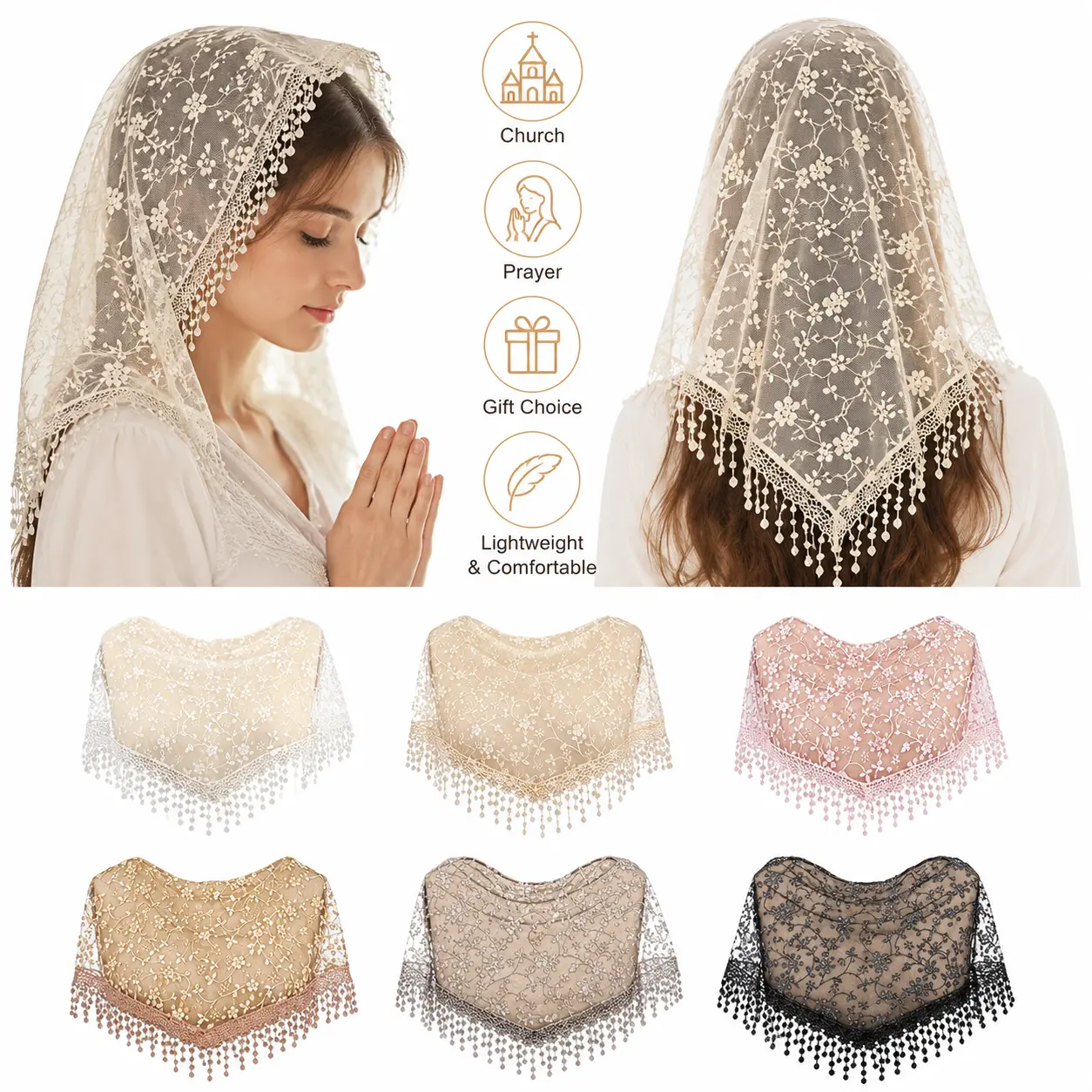 Women's Church Prayer Veil - Elegant Bridal Veil, Comfortable Lightweight Accessory, Delicate Fringe, Detailed Craftsmanship, Intricate Design for Spiritual Practices Gift, Elegant Bridal Veils