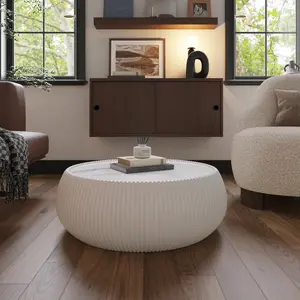 Light Sintered Stone Top Drum Shape Leather Coffee Modern Sofa Table for Living Room Furniture (Each Tabletop Has A Unique Grey Pattern)