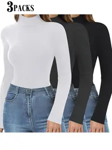 3-Pack Fall/winter Fleece Lined Layering Top, Thermal Turtleneck Long Sleeve Shirt, Spring & Fall Fashion Basics, Women's Warm Clothing