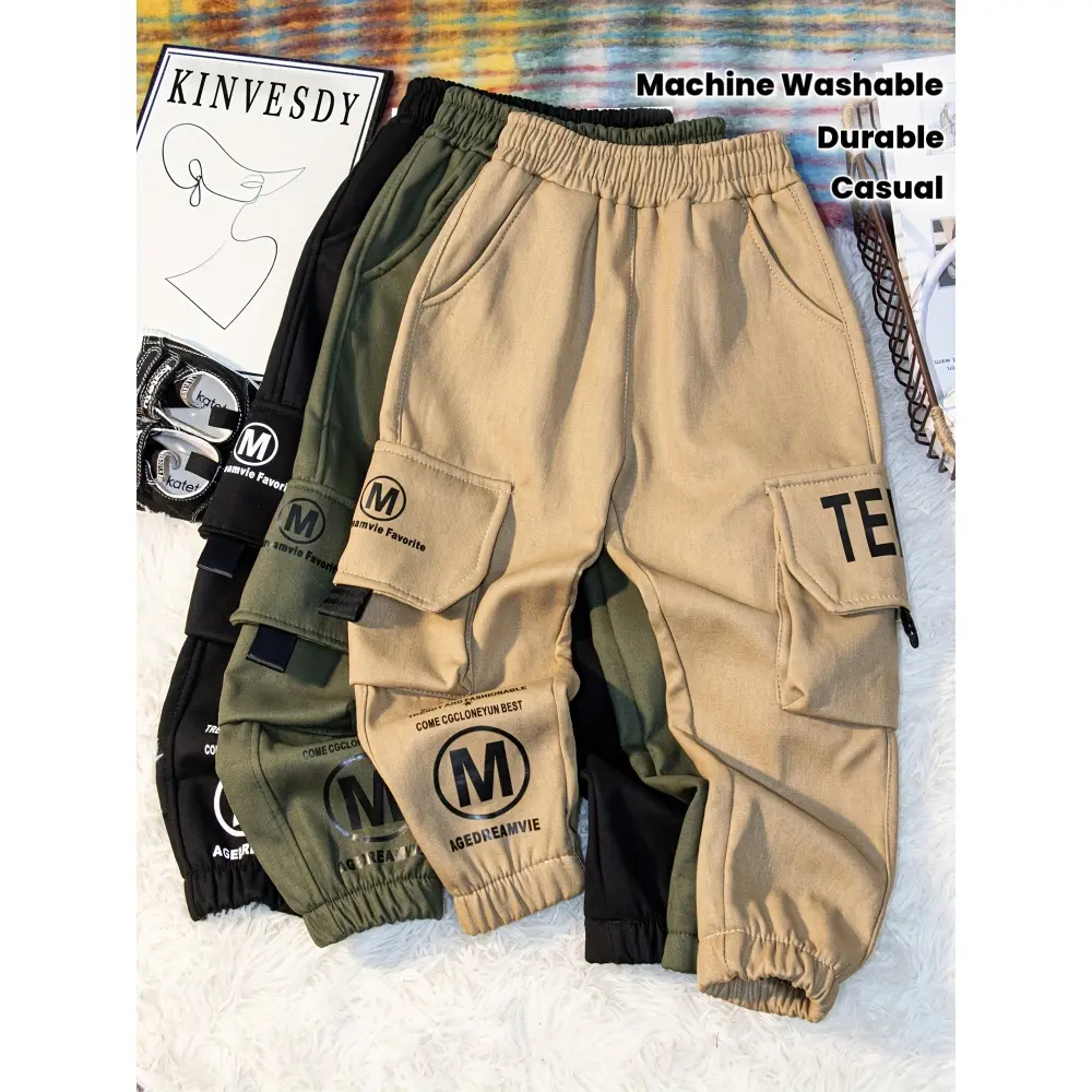 Boys' Work Pants - Elastic Waistband Pants Kids, Machine Washable Long Pants School, Playdates, Casual Attire - Durable Casual Trousers Active Boys, Playdate Clothing, Unique Text Design, Finish, Perfect Outdoor