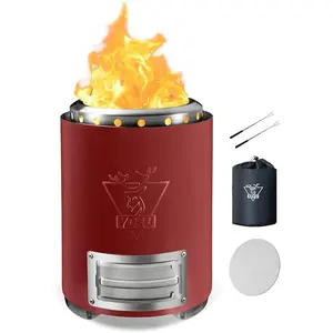 Tabletop Fire Pit with Flame Intensity Control, Low Smoke Camping Stove for Outdoor Patio, Safe Clean Burning Table Top Firepit using Pellets or Wood, Portable Mini Flame Heater with Travel Bag and 2 Mini Sticks for Ambience and Relaxation(9.7x7.1 in Red)
