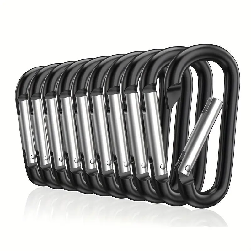 10pcs Durable Black Aluminum Carabiners - Rubber Grip, Easy Attachment, Ideal for Keys, Backpacks, & Water Bottles, Carabiner Clips Heavy Duty, Carabiner Hooks