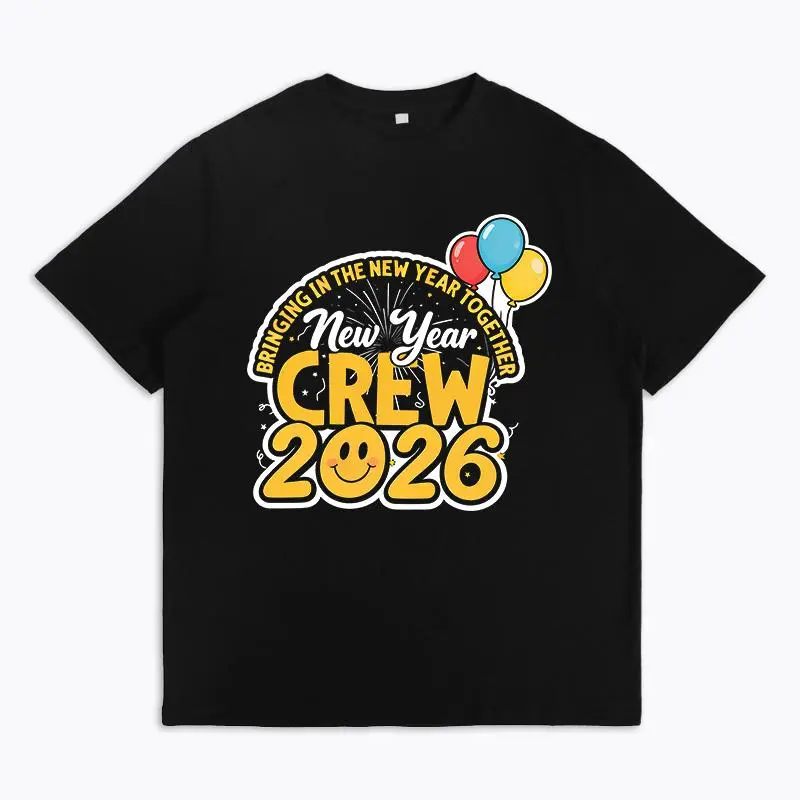 Women's 2026 New Year Short-Sleeve Round Neck Cotton T-Shirt, Cute Breathable Garments with Together Graphic, Colorful Balloons-Fireworks-Smiley Print, Trendy Comfortable Holiday Apparel for NYE Parties, Casual Loungewear