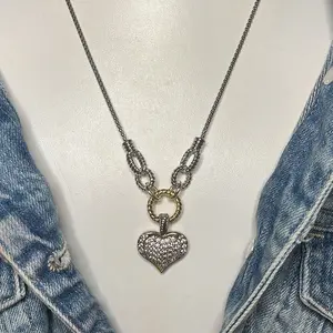 14k Gold Plated Paved Heart Two Tone Necklace with Unique Design and Chain Detailing for Versatile Jewelry Accessory