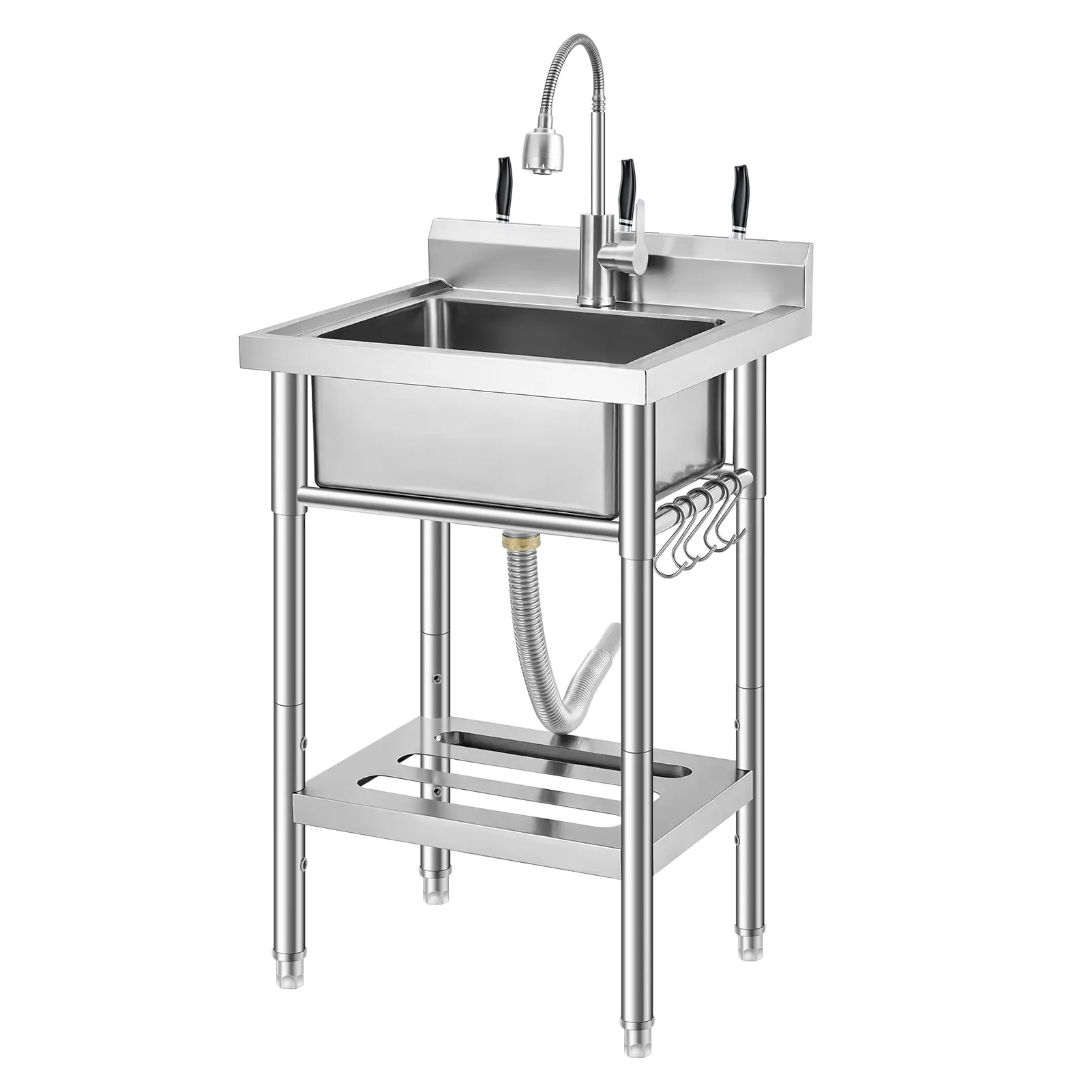 Freestanding Utility Sink with Pull-Out Faucet, Stainless Steel Laundry & Outdoor Sink, Commercial Sink with 360° Pull-Out Faucet, Outdoor Sink Station with Knife Rack & Storage Shelf
