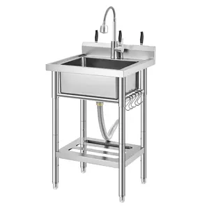 Freestanding Utility Sink with Pull-Out Faucet, Stainless Steel Laundry & Outdoor Sink, Commercial Sink with 360° Pull-Out Faucet, Outdoor Sink Station with Knife Rack & Storage Shelf