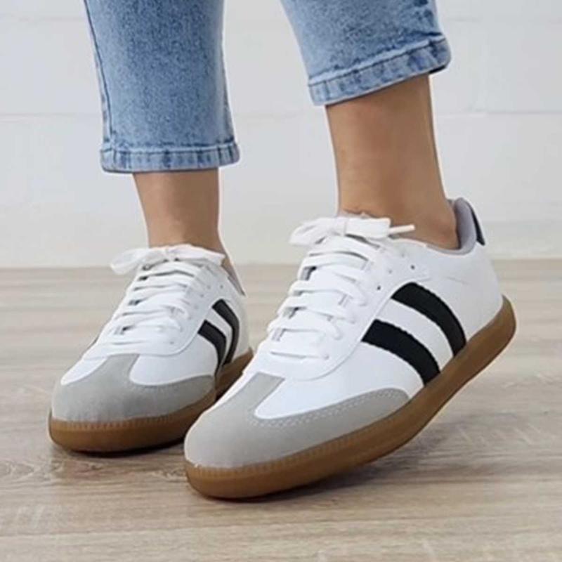 White Striped Lace-up Flat Sneakers