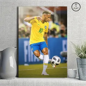 Neymar Yellow Jersey Soccer Star Canvas Wall Art, Football Player Signature Poster, Inspirational Sports Decor For Fan Bedroom Living Room