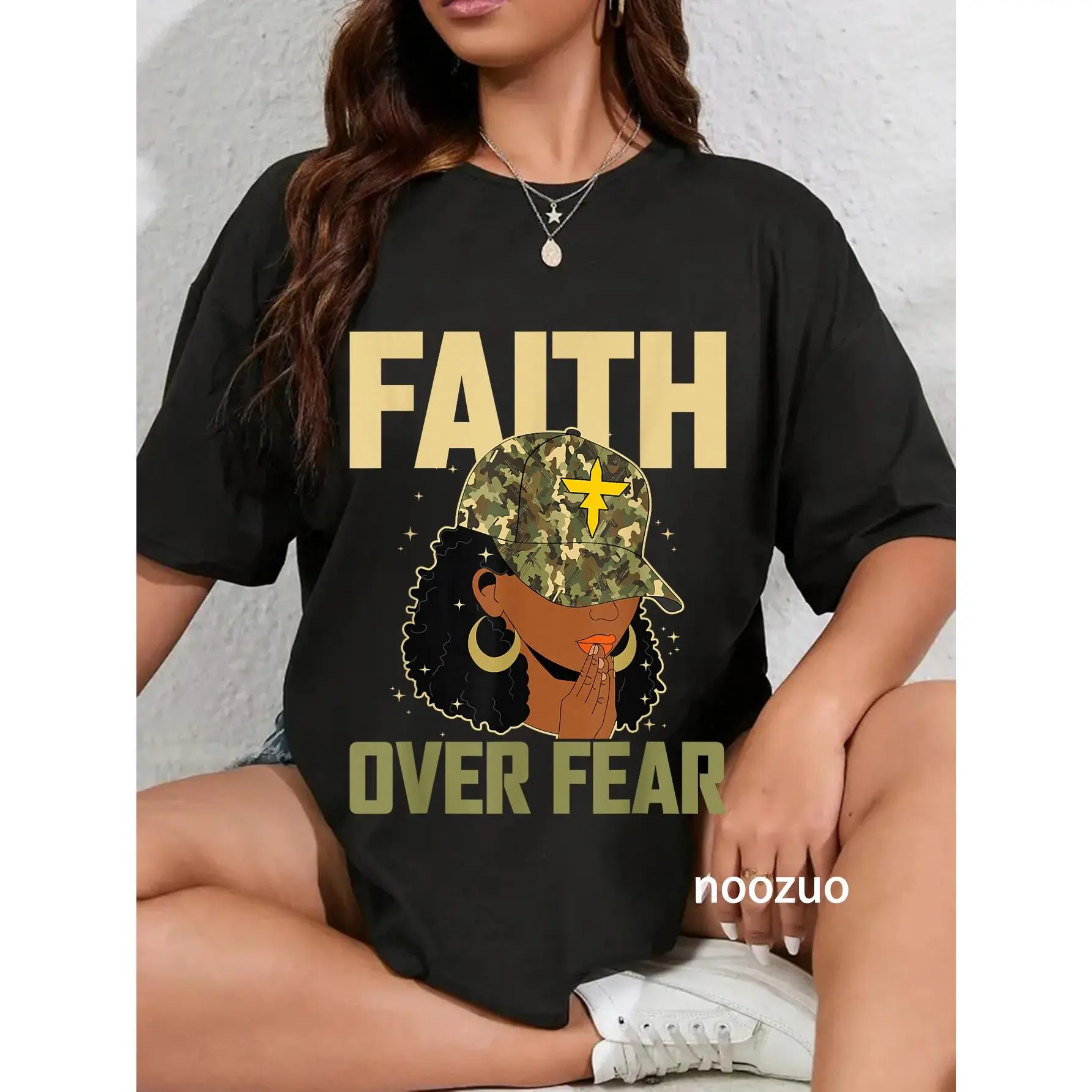 100% Cotton Faith Over Fear Christian Camo African American Afro Women T-Shirt