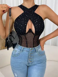 Sexy Transparent Sequined Mesh Lace Fishbone Halter Neck Bodysuit, European Style Slim Fit Backless Innerwear, Fashionable One-Piece Dress