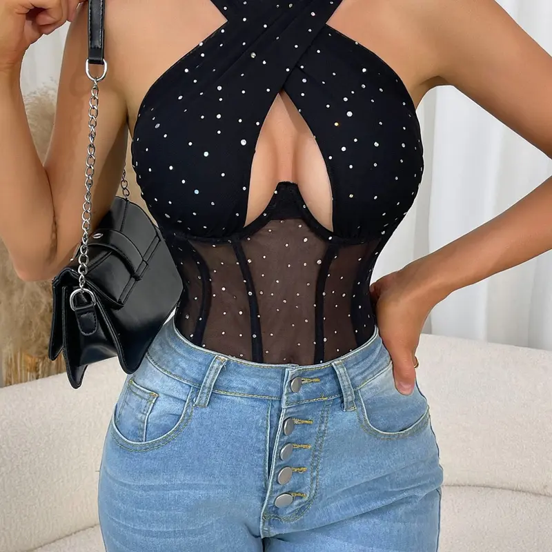 Sexy Transparent Sequined Mesh Lace Fishbone Halter Neck Bodysuit, European Style Slim Fit Backless Underwear Bodysuits, Lingerie Bodysuit, Black