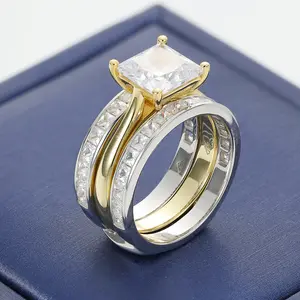 【Mother's Day Gifts】Jorrio Vintage 3ct Two-Tone Princess Cut Double Layer Sterling Silver Ring Set,Perfect for Anniversary, Birthday or Valentine's Day