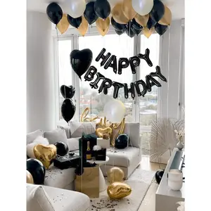42Pcs 16-Inch Black "Happy Birthday" Letter Foil Balloons Set, Including Black, Gold foil balloon Decor party decoration birthday decoration, Balloon Garland, Backdrop