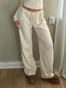 Women's Solid Drawstring Elastic Waist Straight Leg Pants, Casual Comfy Trousers for Summer, Ladies Bottoms for Daily Wear