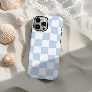 [Compatible with magnetic and non-magnetic]Blue Checkered Phone Case Protective Cute Preppy Pastel Cover For iPhone 16 15 14 12 13 Mini 11 Pro Compatible with Samsung Galaxy S25