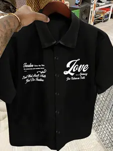 Men's Casual Short Sleeve Shirt, Collared Shirts, Colorblock Handwritten Floral Graphic Print, Asymmetric Design, Comfortable Breathable Fabric, Casual Printed, Asymmetrical Shirts