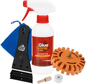 Glue Gone Decal Remover Kit - Includes 10-oz Adhesive Remover, Microfiber Cloth, Eraser Wheel, 3-inch Scraper with 3 Blades - Complete Set for Removing Decals, Stickers, & Adhesives from Cars & More