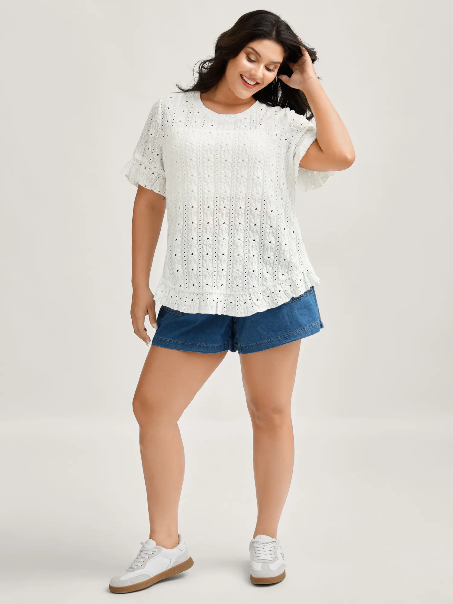 BloomChic Plus Size Maternity Floral Eyelet Bell Sleeve Top, Fitted Cut with Ruffled Hem and See Through Detail, Polyester Blend, Maternity Clothing, Half Sleeve, Affordable Fashion, Floral Eyelets, Round Neck, High-Stretch For Easy Wear, See-Through Cut-