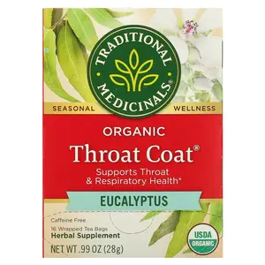 Traditional Medicinals Organic Throat Coat®, Eucalyptus, Caffeine Free, 16 Wrapped Tea Bags, 0.99 oz (28 g)