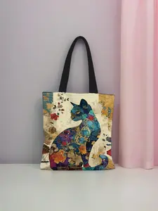 Floral Cat Pattern Tote Bag, Aesthetic Canvas School Shoulder Bag, Lightweight Grocery Shopping Bag, Casual Trendy Bag