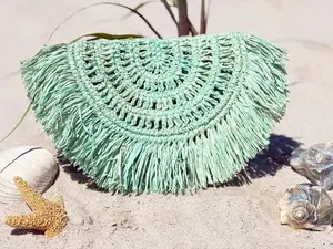 Handmade Raffia Half-Moon Clutch Boho Fringe Wallet in Mint Green Color with Fringe Detailing for Evening Events