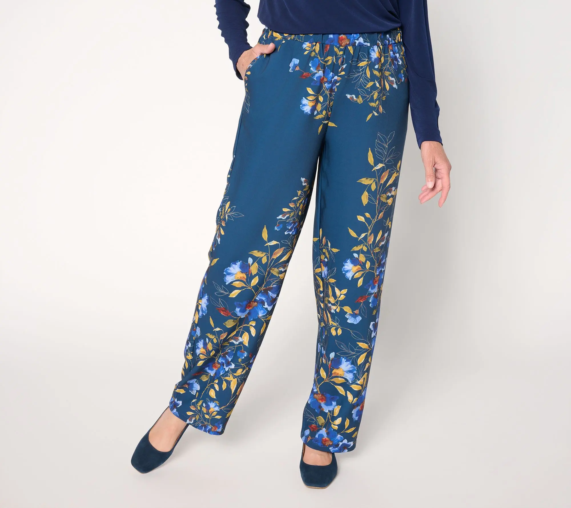 Susan Graver Regular Printed Stretch Matte Twill Pull-On Wide-Leg Pants