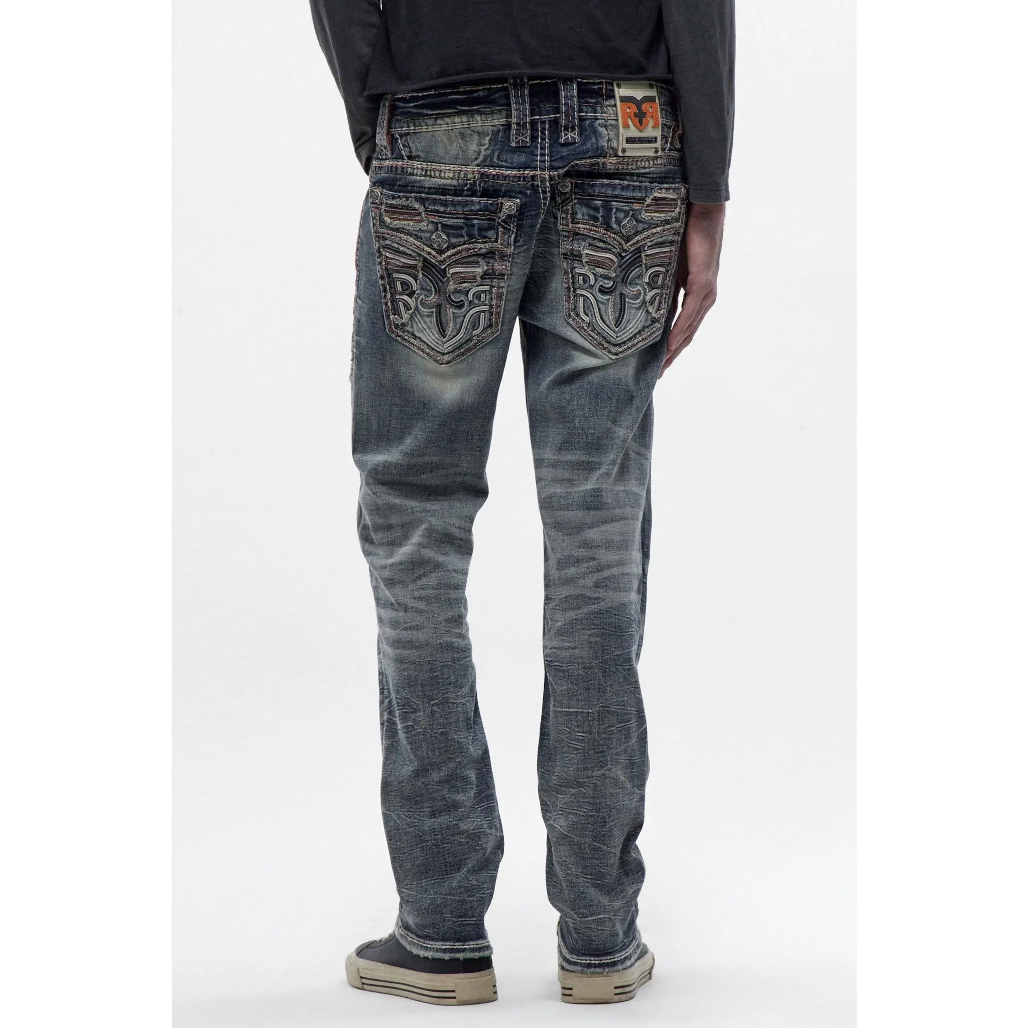 Rock Revival Men's Hadriel Alt Straight Stretch Denim Pants - Elegant, Decorated, Fade, Buckle-Free, Button, Embroidered, Leather-Accented, Pocketed, Menswear, Streetwear Jeans, Elegant Men's Jeans, Buckle-Free Men's Jeans