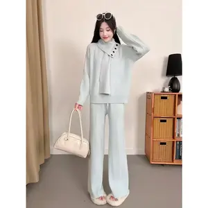 European Knit Set| Duster Cardigan & Straight Pants| Scarf Included Collection