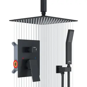 Rainfall Shower System Matte Black Ceiling Mounted Shower System Combo Set with High  12 Inches Square Rain Shower  Handheld and Shower Faucet Rough-in Mixer Valve and Trim