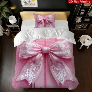 3-Piece Bedding Set, Digital Print Sheet Sets, Bow Lace Design Theme Pattern, Soft Comfortable Fabric, Suitable for Bedroom Hotel Valentine Gift