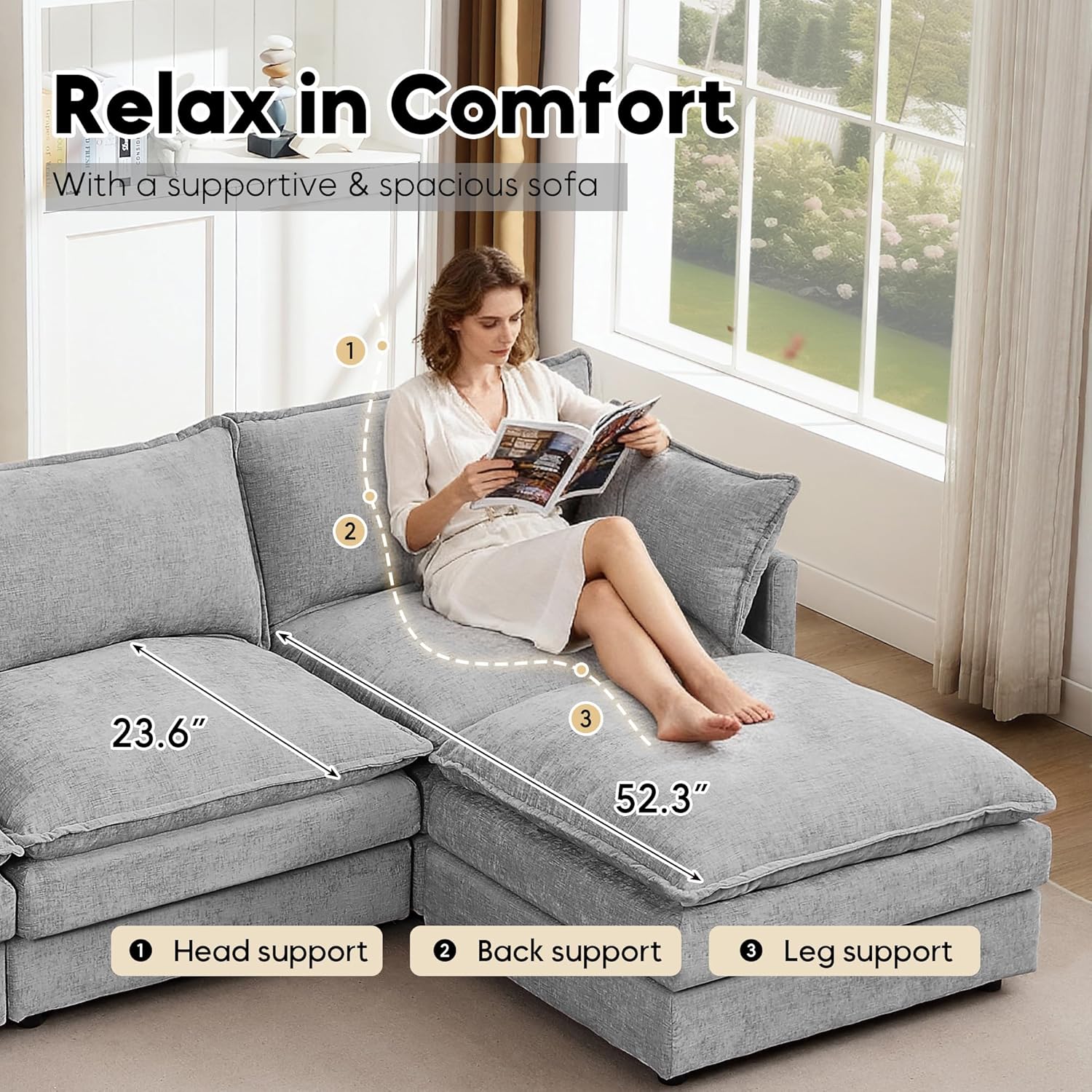 102" L Shaped Modular Sectional Sofa, Comfy Upholstery Chenille Cloud Couch with Ottoman, Modern 4-Seat Deep Seat Sofa with Pillow for Living Room, Bedroom, Apartment, Grey 102" L Shaped Modular Sectional Sofa, Comfy Upholstery Chenille Cloud Couch with Ottoman, Modern 4-Seat Deep Seat Sofa with Pillow for Living Room, Bedroom, Apartment, Grey