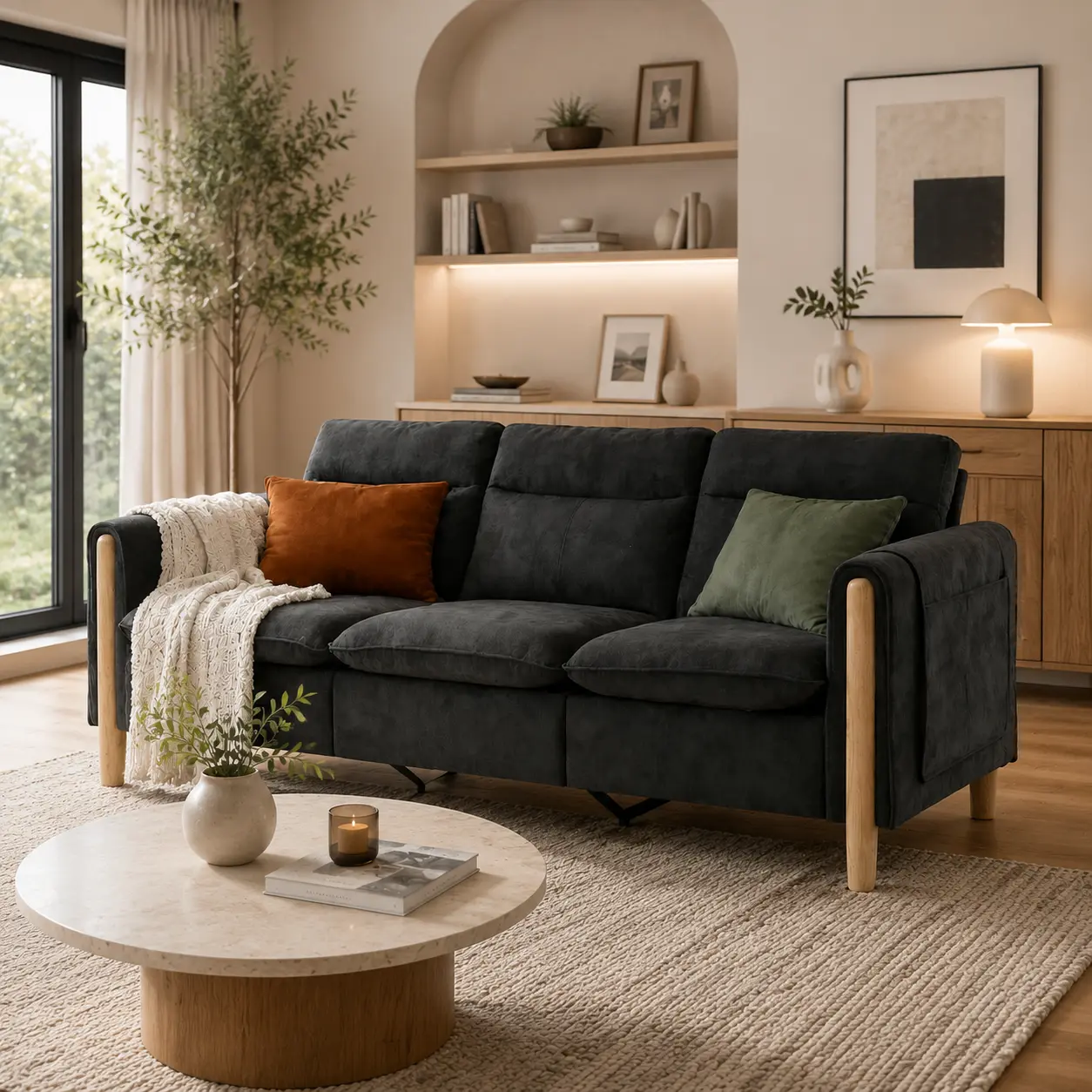 80" Chenille Sofa Couch, Modern 3-Seater Living Room Sofa with Side Storage Pocket, Deep Seat Comfy Couch with Solid Wood Legs for Apartment, Small Space