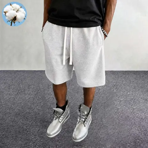 Men's Basic Plain Cotton Mid-Waist Shorts - Lightweight, Soft Stretchy, Breathable, Adjustable Strap Drawstring Waist, Unisex Athletic Fit Menswear Bottoms for Daily Commuting, Casual Wear