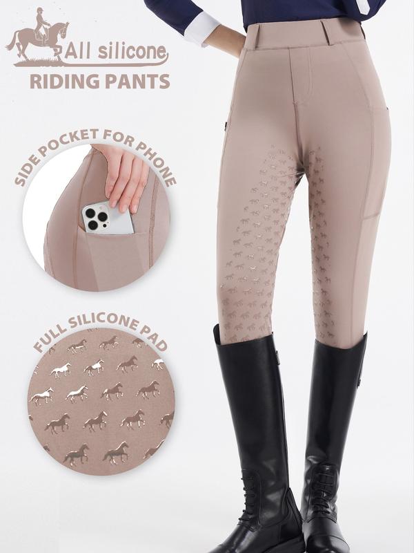 Women's Animal Pattern Pocket Design Riding Skinny Pants, Sports Bottoms, Breathable Quick Drying Non-slip Equestrian Trousers, Ladies Equestrian Clothing for All Seasons