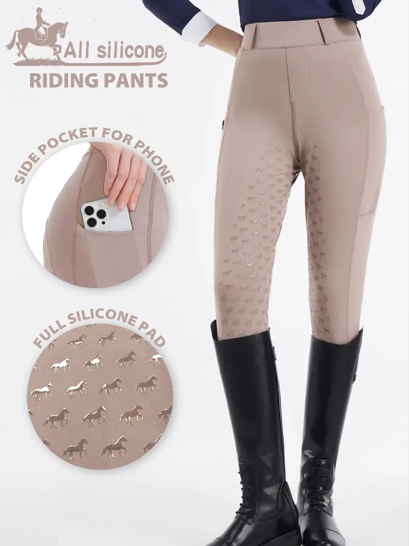 Women's Animal Pattern Pocket Design Riding Skinny Pants, Sports Bottoms, Breathable Quick Drying Non-slip Equestrian Trousers, Ladies Equestrian Clothing for All Seasons