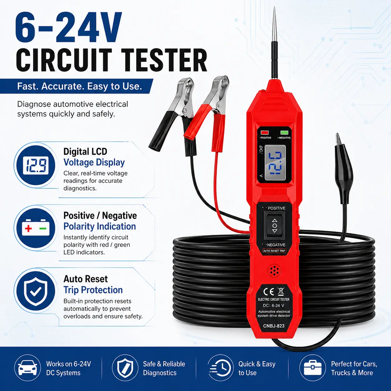 Car Voltage Tester, 6-24V DC Automotive Electrical Diagnostic Probe Work Tool with LCD Voltage Display, Positive/Negative Polarity Check, Continuity Test, Auto Reset Trip Protection
