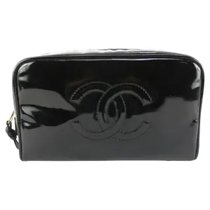 Pre-owned CHANEL Leather small leather goods Authentic CC Patent Vanity Cosmetic Makeup Case Pouch Black Bag