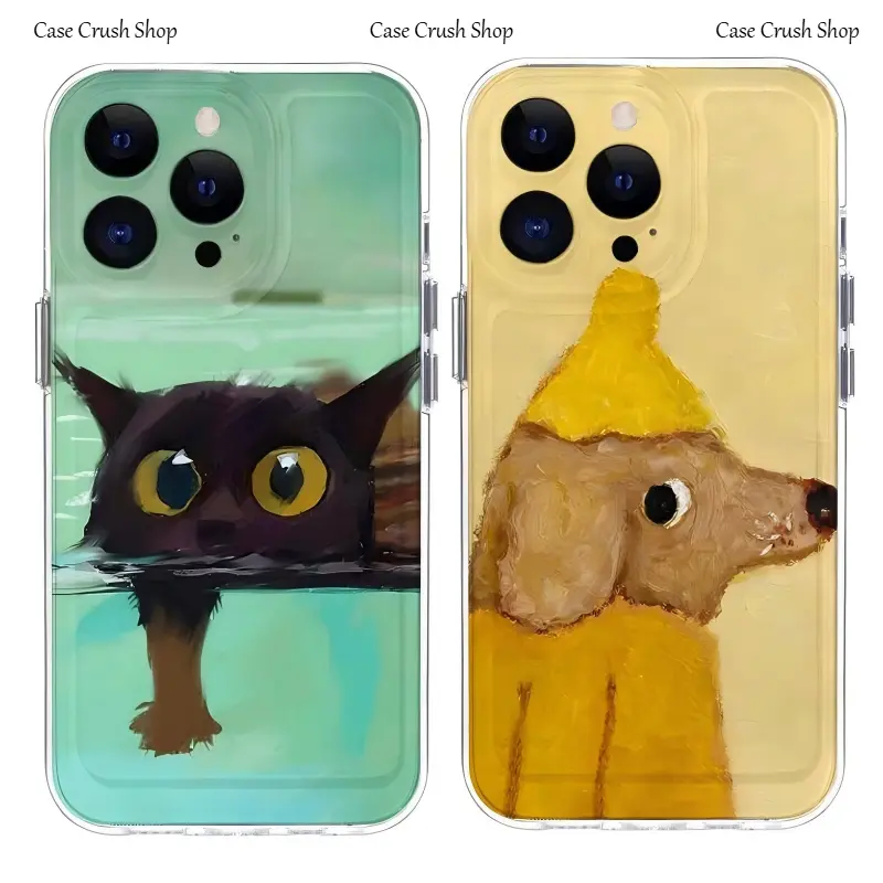 Funny Oil Painting Artistic Cat Dog Couple Transparent Phone Cases For iPhone 17 16 15 14 13 12 11 Promax Pro Air Plus Shockproof Cover Protection Gifts For Christmas Halloween Birthday