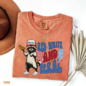 Comfort Colors Red White And Feral Shirt,Funny USA Shirt, Funny Raccoon Shirt , 4th Of July  Feral Shirt, Hotdog Raccoon