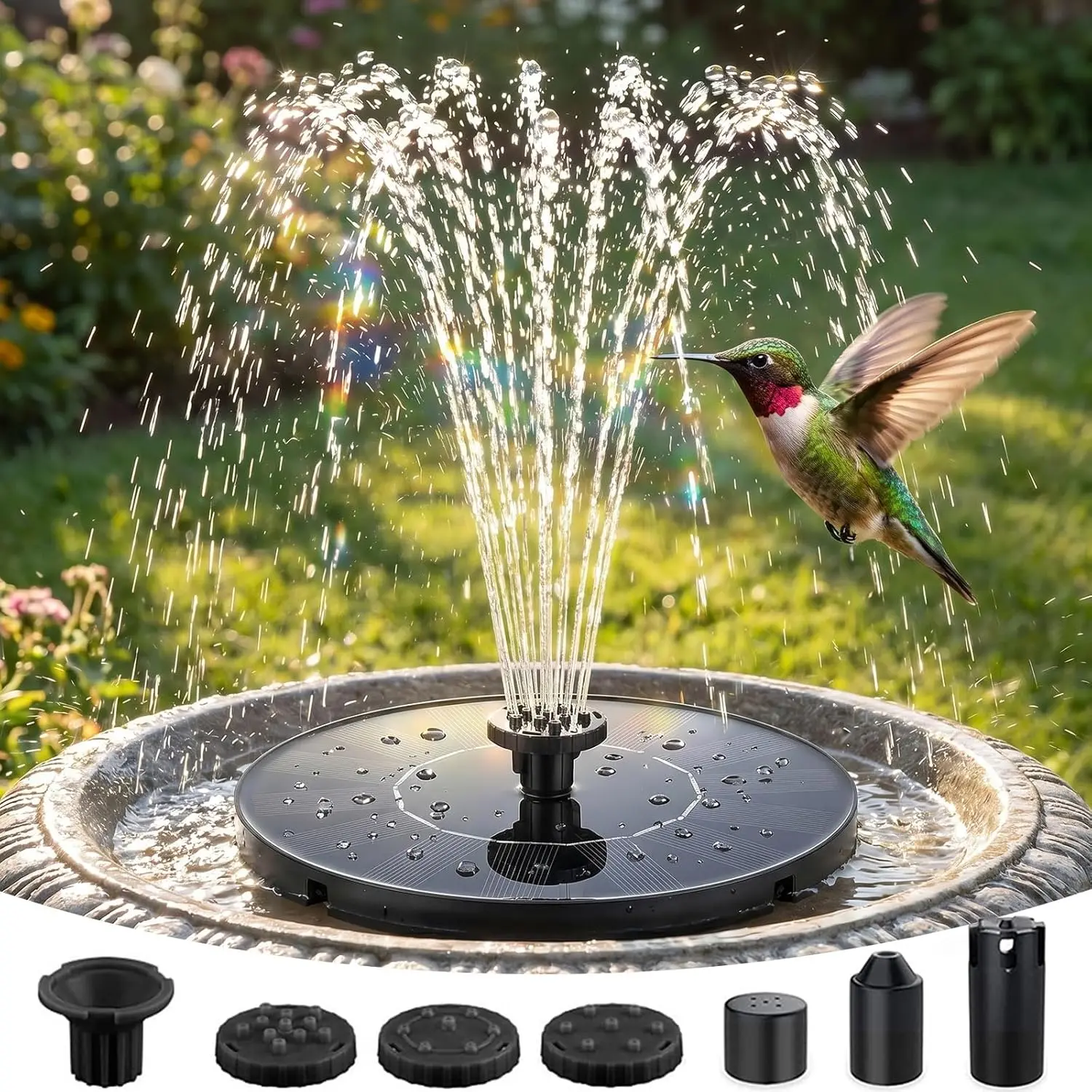 Solar Fountain for Bird Bath, 2026 Upgrade 1.4W Solar Water Fountain Pump with 7 Nozzles, 4 Fixed Pipes, Outdoor Standing Floating Solar Fountain for Garden, Ponds, Pool, Fish Tank, 6.3 Inch
