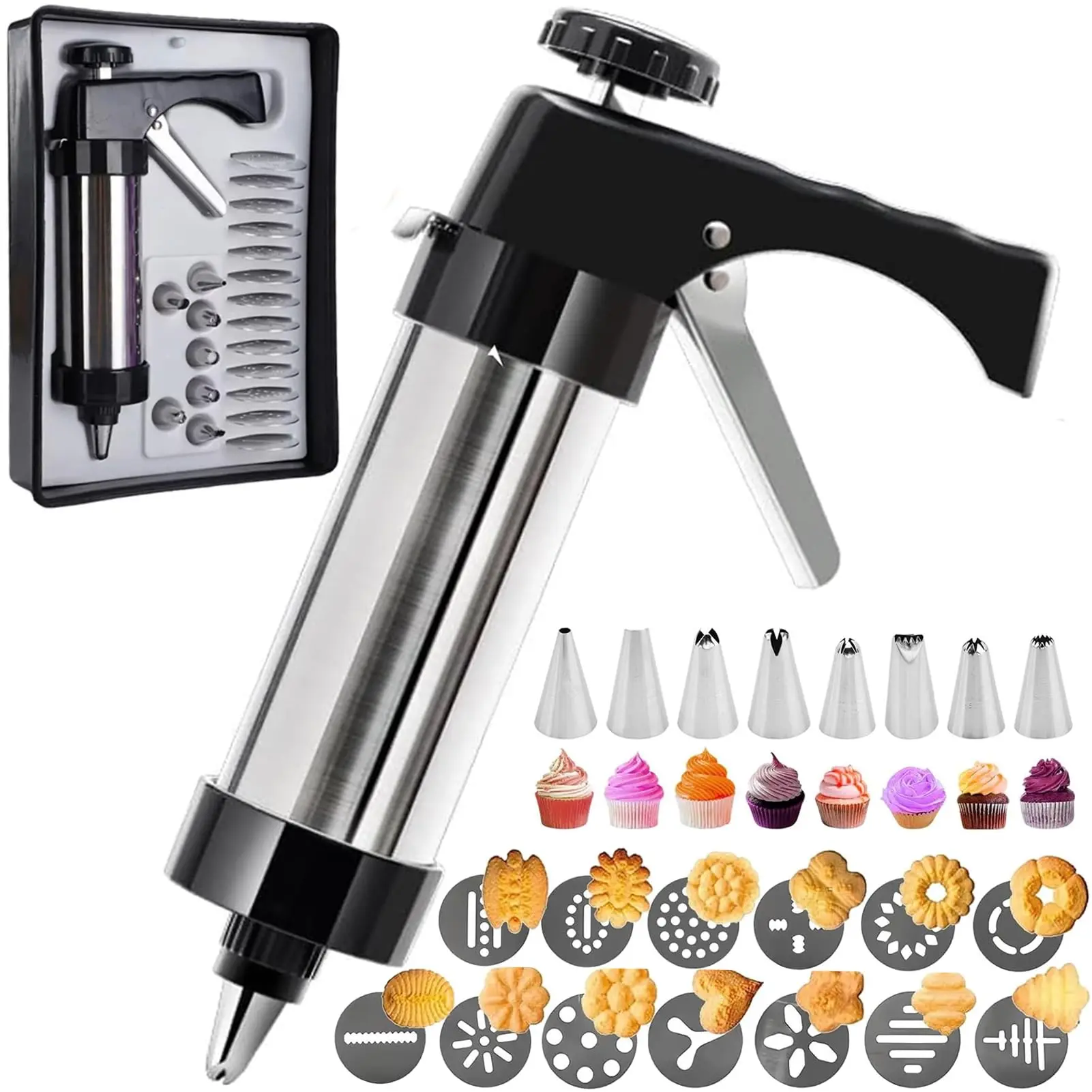 Stainless Steel Cookie Press Gun Kit - 8 Piping Nozzles & 16 Multiple Cookie Discs - Kitchen Bakeware Kit - Churros Gun - DIY Christmas Cookies Maker